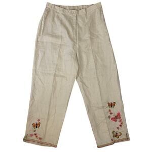 Jordan Linen Pants Women’s Large Beige Butterfly Embroidered Cropped Ankle